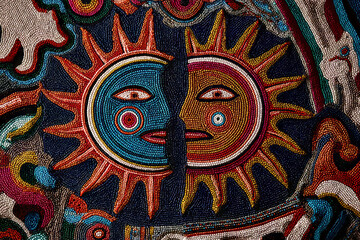 Highly decorative Huichol-inspired sun and moon characters with intricate yarn patterns and symbolic animals, stylized design, ethnic motif.