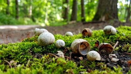 Obraz premium Snail Shells on Green Moss in a Sunlit Forest Environment