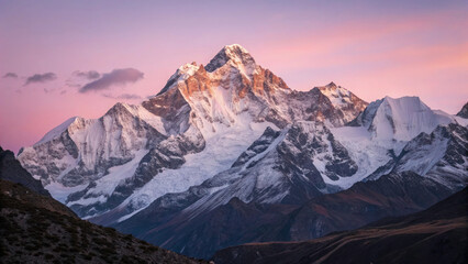Majestic snow-covered mountain peaks glowing in golden sunlight beneath a pastel lavender and rose-tinted sky, rising above a swirling sea of clouds