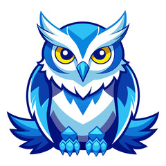 Obraz premium Blue and White Owl with Stylized Wings, Glowing Eyes, and Upright Powerful Pose