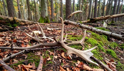Fototapeta premium Fallen Deer Antler Amidst Forest Floor and Colorful Autumn Leaves