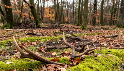Autumn Forest Scene with Deer Antlers and Vibrant Foliage