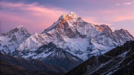 Majestic snow-covered mountain peaks glowing in golden sunlight beneath a pastel lavender and rose-tinted sky, rising above a swirling sea of clouds