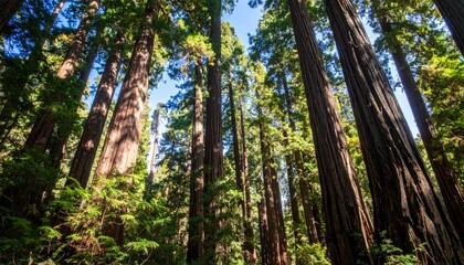 Obraz premium Majestic Redwood Forest with Tall Trees and Blue Sky Above