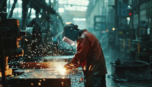 Man Industrial welder worker using a welding torch on metal in a factory. welding worker team working arc weld metal joint production in heavy industry danger and risk workplace with eyes safety
