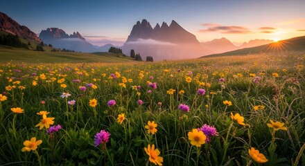 Fototapeta premium Vibrant flower field with mountains in the background during a scenic sunrise