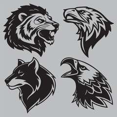 Bundle of 4 Unique Black Vector Animal Silhouettes – Lion, Wolf & Eagles Design art and illustration