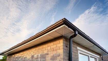the white aluminum guttering is beautifully installed alongside a brick wall with a downpipe showcasing a modern yet classic home exterior
