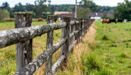 Fototapeta premium Rustic Wooden Fence Leading Across Green Pastoral Landscape Scene