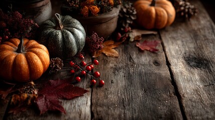 Celebrating Thanksgiving with rustic decorations and seasonal colors on a wooden table at a cozy fall gathering