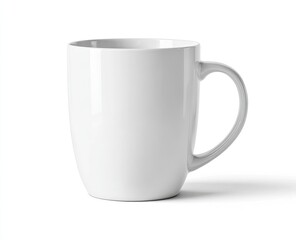 White ceramic mug, smooth, glossy finish, simple design,  round body, comfortable handle