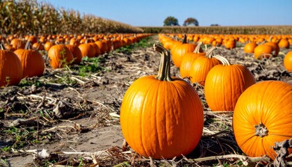 Vibrant Pumpkin Patch under Clear Blue Sky in Autumn Season