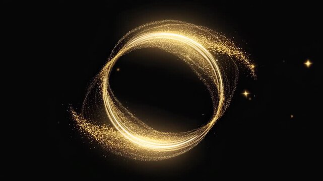 Golden glittering ring animation on black background for luxury product showcase, creating a sense of glamour and celebration, perfect for holiday promotions and elegant branding