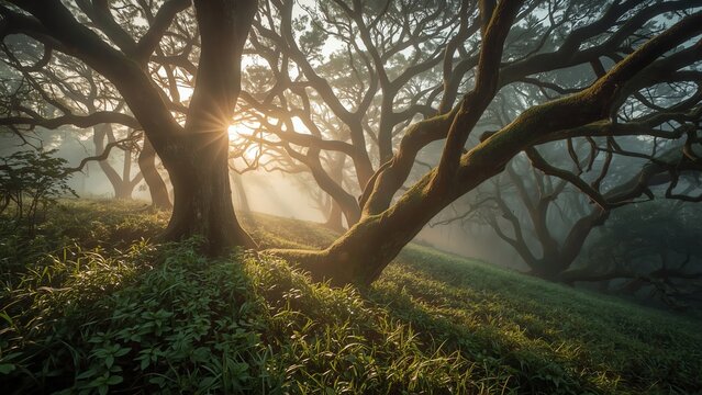 Enchanting Foggy Forest with Gnarled Tree Branches