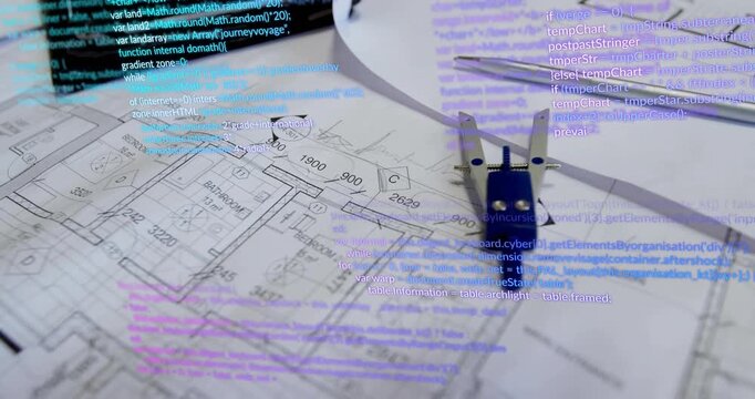 Drafting compass and blueprint, code overlay emerging and shifting showing digital layering