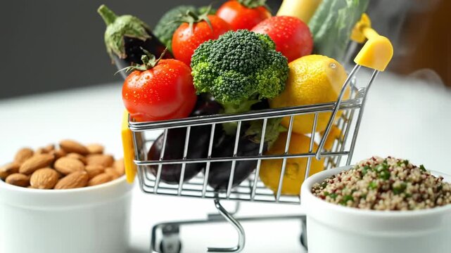 Miniature Shopping Cart Filled with Fresh Produce - A small shopping cart overflows with vibrant fresh vegetables and fruits, including tomatoes, broccoli, eggplant, and lemons.