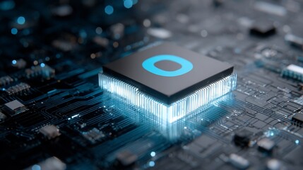 Close Up of Computer Microchip with Blue Digital Glow on Circuit Board