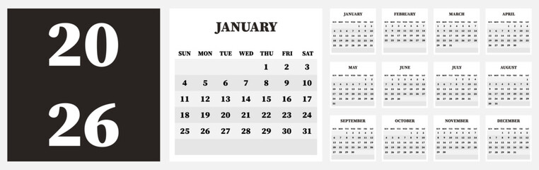 Vector illustration. Calendar for 2026. Week starts on Sunday. Calendar ready for printing. Has 12 months. Stationery design concept.
