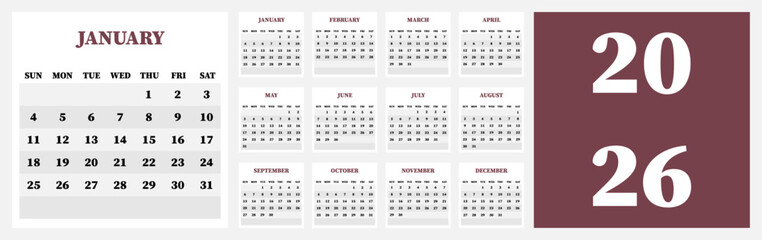 Vector illustration. Calendar for 2026. Week starts on Sunday. Calendar ready for printing. Has 12 months. Stationery design concept.