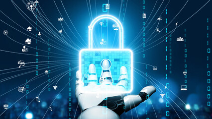 A futuristic robotic hand grips a glowing digital lock, representing a concept of cyber security and data protection in a technology-driven world filled with connections. Xenic