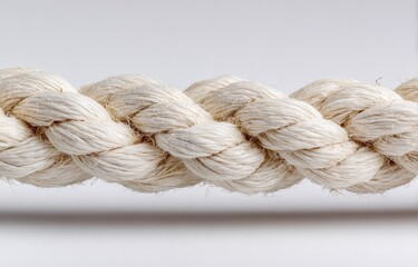 Close-up of a light beige rope.  A woven rope,  closely detailed,  is shown against a plain white background