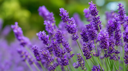 Naklejka premium Blooming lavender flowers in vibrant purple field with soft focus and natural green background 