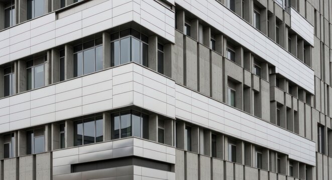 Modern architectural facade with grey and white panels and numerous windows, showcasing a complex design.