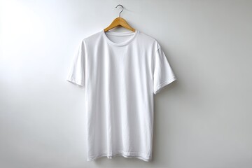 A plain white t-shirt hangs on a wooden hanger against a white wall