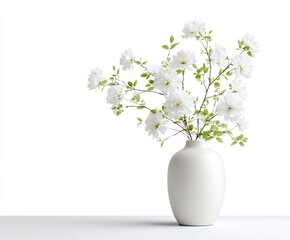 White vase with blossoms. A simple, elegant arrangement of white flowers and branches in a white vase against a white background. Soft light highlights the details of the blossoms and leaves