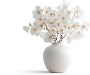 A pristine white vase filled with a cluster of delicate white blossoms