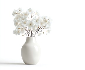 White ceramic vase holding a delicate bouquet of white blossoms