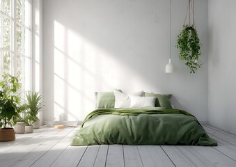 Sunlight streams into a bright, minimalist bedroom