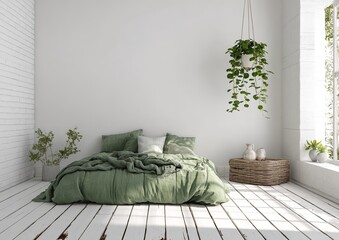 A serene, minimalist bedroom with a muted sage green bed