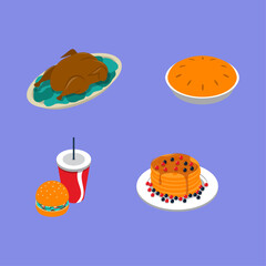 Assortment of Delicious Dishes Roasted Chicken, Pie, Burger, and Pancakes on Purple