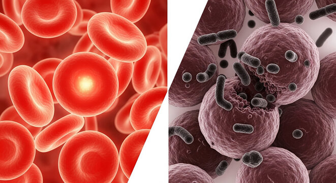 Healthy vs Infected Blood Cells &mdash; Sepsis Medical Concept