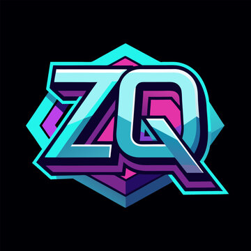 Stylized &ldquo;ZQ&rdquo; Monogram in Cyan and Violet with Layered Outlines on Dark Background