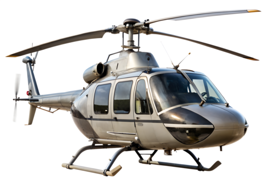 Silver helicopter isolated on transparent background is a rotorcraft that uses rotating blades to generate lift and thrust for flight
