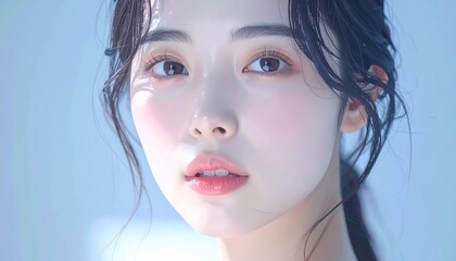 日本人, 超リアル, 若い美しい女性, 顔アップ, 滑らかな肌, ツヤのある肌質, ナチュラルメイク, 柔らかな光, 美容広告風, シネマティック, カメラ目線, 高画質, Japanese, ultra-realistic, young beautiful woman, face close-up, smooth skin, radiant complexion, natural makeup