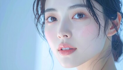 日本人, 超リアル, 若い美しい女性, 顔アップ, 滑らかな肌, ツヤのある肌質, ナチュラルメイク, 柔らかな光, 美容広告風, シネマティック, カメラ目線, 高画質, Japanese, ultra-realistic, young beautiful woman, face close-up, smooth skin, radiant complexion, natural makeup