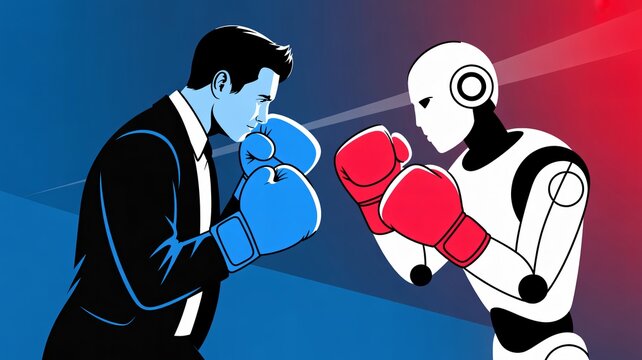 Businessman vs AI robot boxing match symbolizing competition and technological advancements
