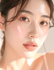 日本人, 超リアル, 若い美しい女性, 顔アップ, 滑らかな肌, ツヤのある肌質, ナチュラルメイク, 柔らかな光, 美容広告風, シネマティック, カメラ目線, 高画質, Japanese, ultra-realistic, young beautiful woman, face close-up, smooth skin, radiant complexion, natural makeup