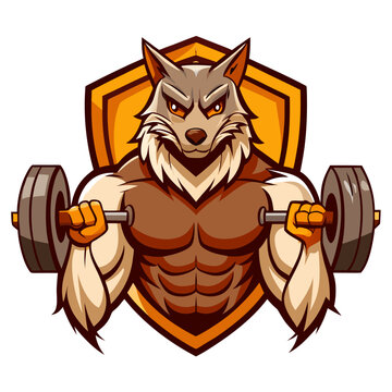 Rugged Muscular Wolf Lifting Weights in Shield Backdrop with Brown-Orange Palette