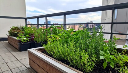 Fototapeta premium Urban Balcony Garden with Fresh Herbs and Vegetables in Planters
