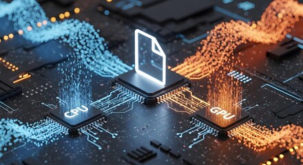 Abstract digital data flow between cpus on a futuristic circuit board