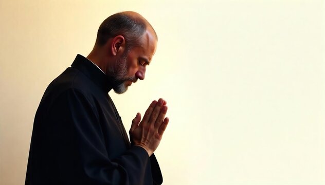 Serene image of a Benedictine monk praying, subtly incorporating Christian symbolism, evoking peace and spirituality Perfect for religious, contemplative, or monastic themes , sanctuary, catholic