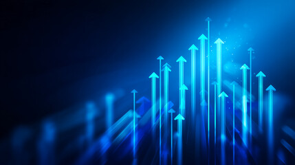 Futuristic glowing blue arrows pointing upward on dark background symbolizing growth, success, and technology innovation
