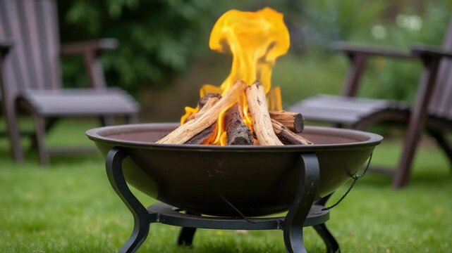 Metal fire bowl with burning wood in the yard and garden rack lounge chair. Safe decorative fire pit, Picnic area in the garden