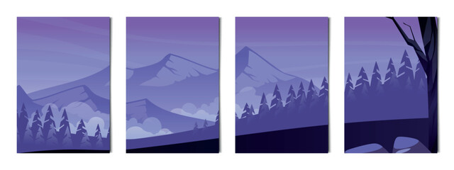Set of 4 pcs landscapes of mountains and forests - Vector illustration