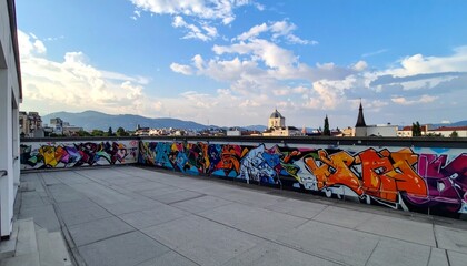 Colorful Urban Graffiti Art on Rooftop Against Blue Sky