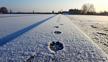 Paw Prints on Frosty Surface with Clear Blue Sky Background